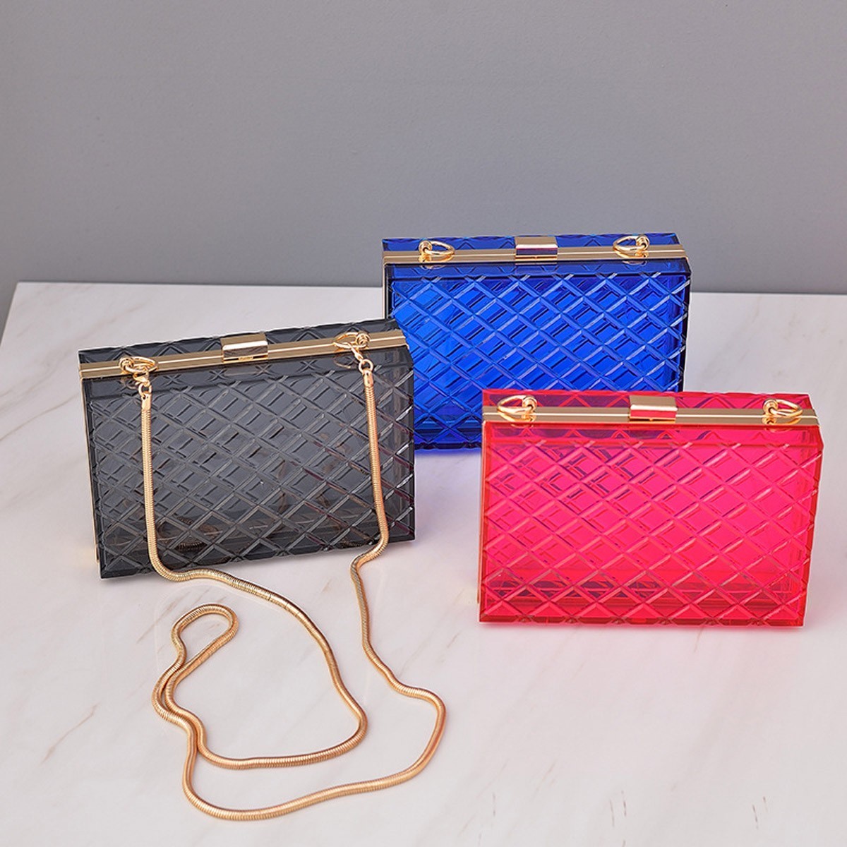 CLEAR ACRYLIC BOX CLUTCH WITH CHAIN > Boutique Handbags > Mezon Handbags